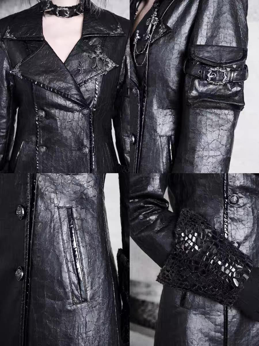 Gothic Black Trench Coat | Double Breasted Vegan Leather Overcoat with Fleece Lining, Steampunk Witch Outerwear, Punk Coat