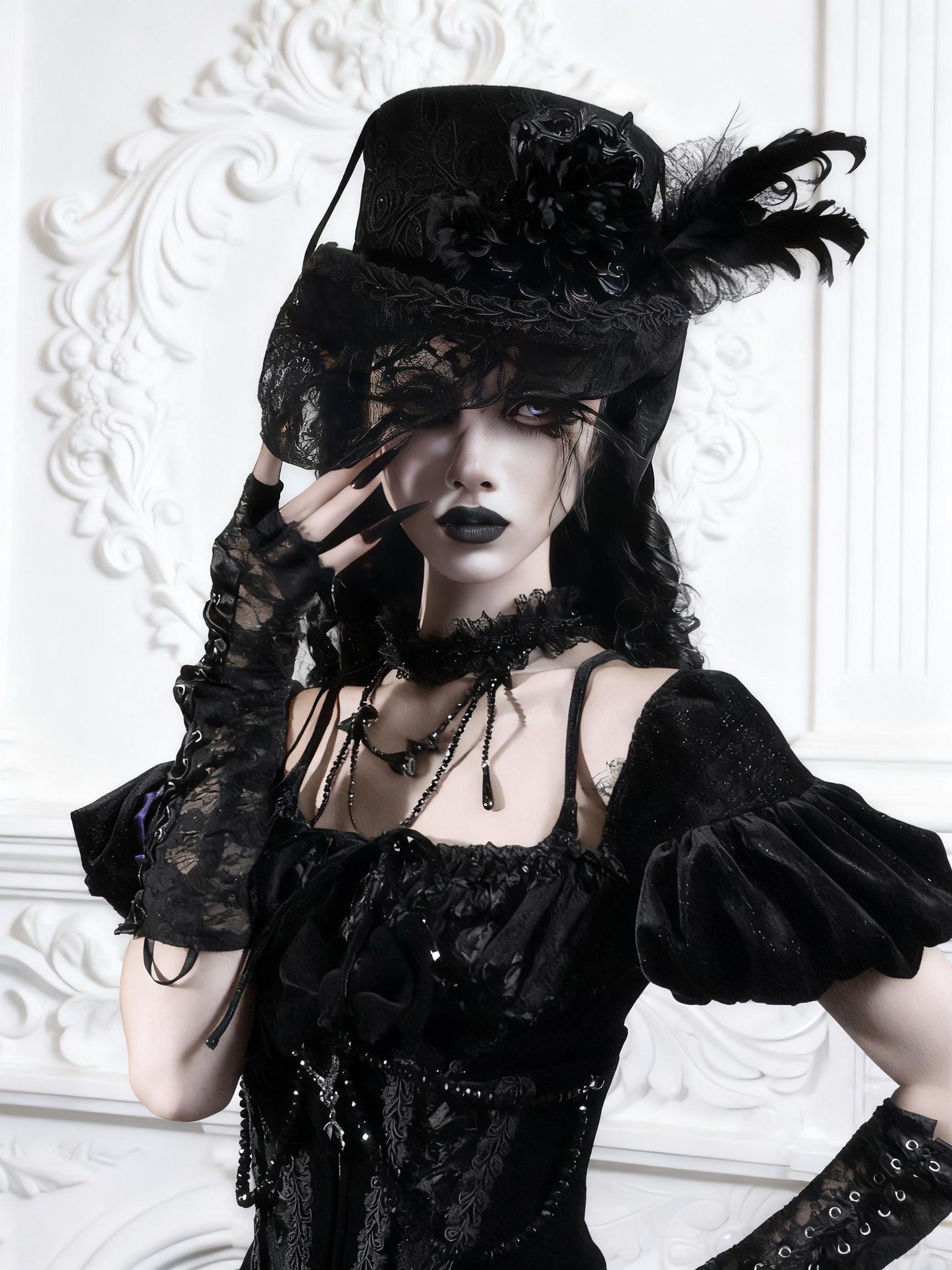 Victorian Gothic Wool Lace Top Hat, Victorian Steampunk Duke Hat with Embroidered Flowers & Feathers, Winter Gothic Costume Accessory