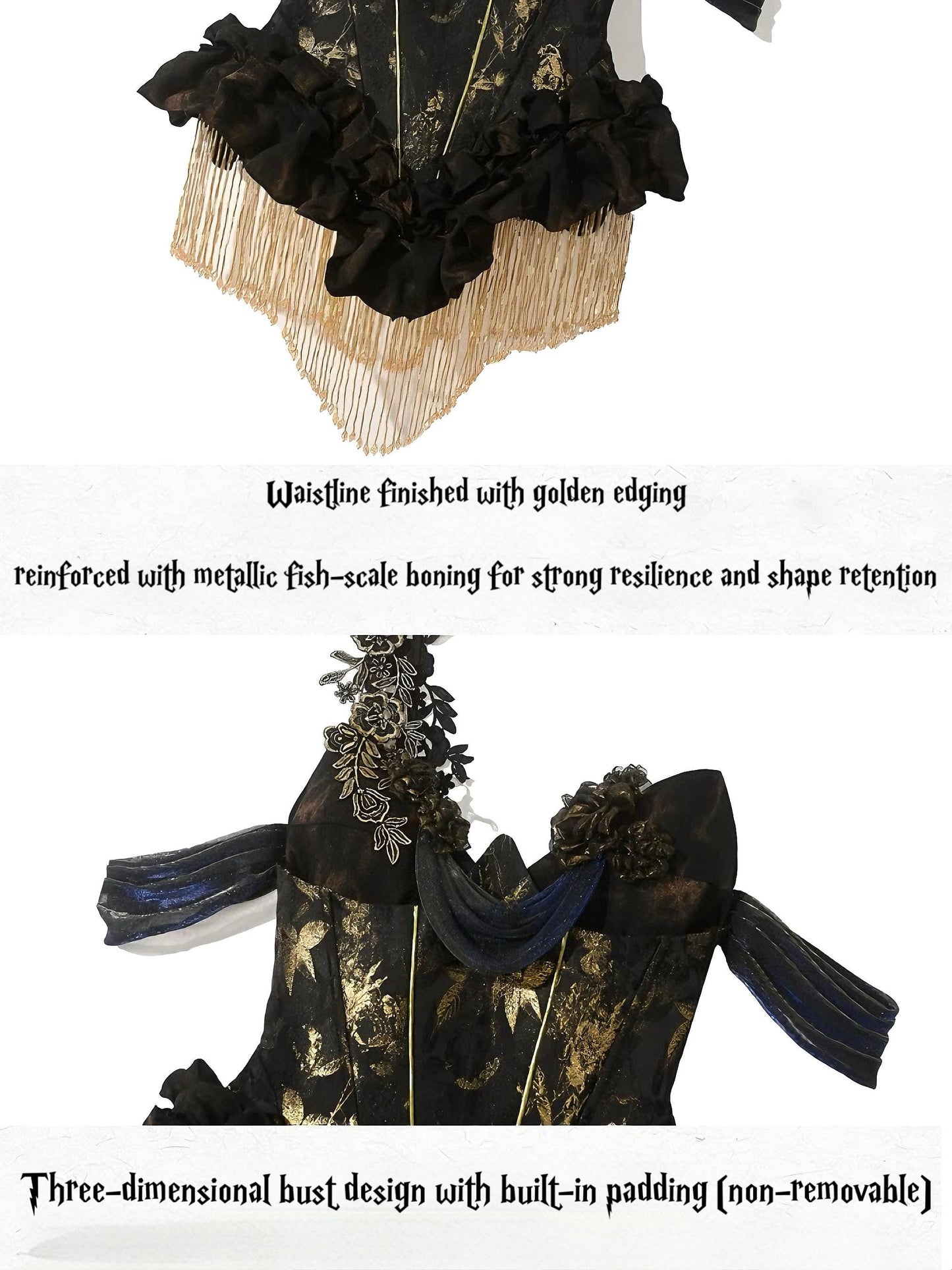 Golden Time Gothic Corset Dress, Baroque Gold Renaissance Gown, Victorian Masquerade Costume, Dark Romance Party Outfit, Retro Queen