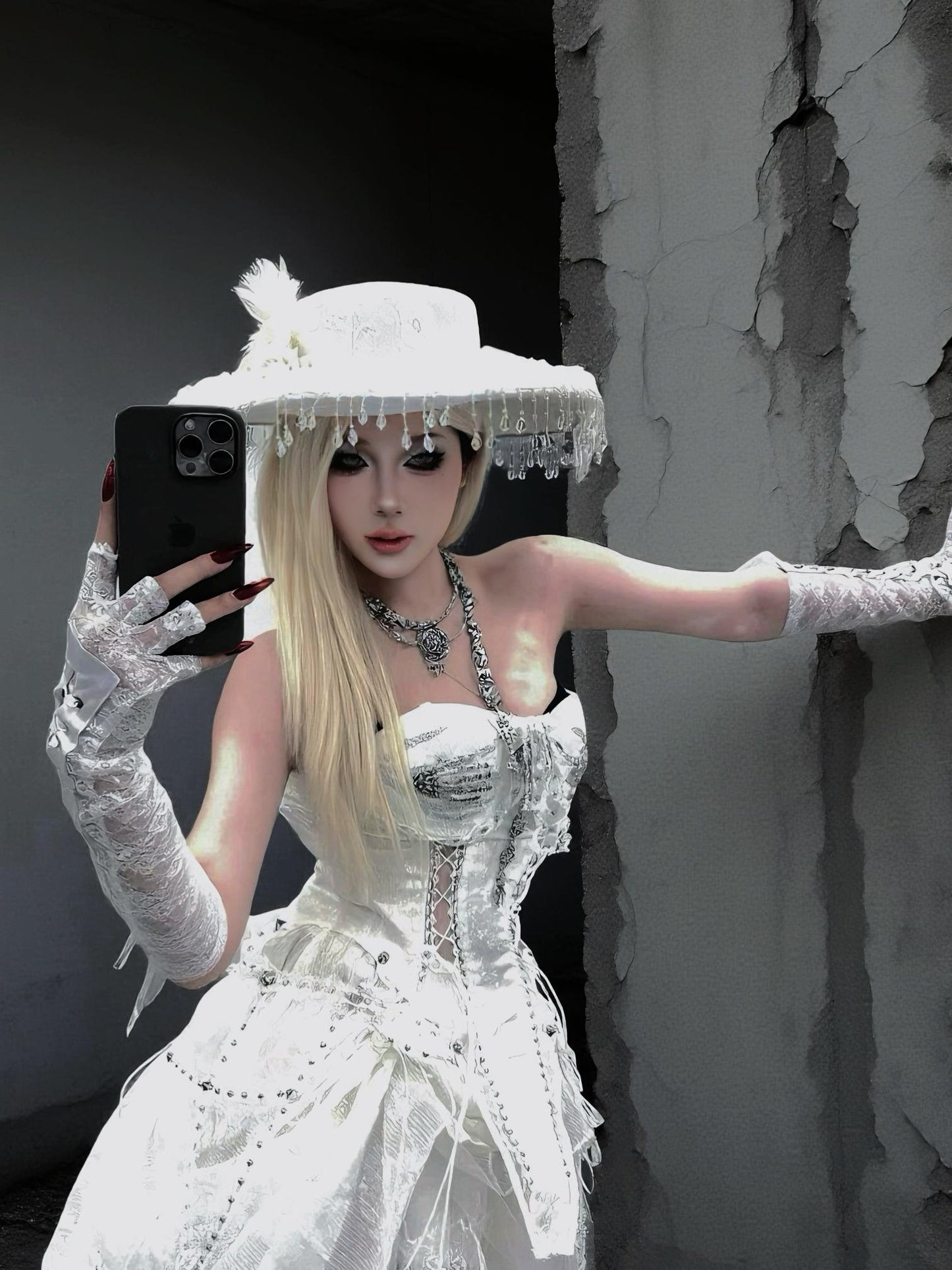 White Gothic Corset: Skull & Butterfly Bustier with Silver Chains, Dark Bride Halloween Costume, Xmas angel Cosplay Outfit