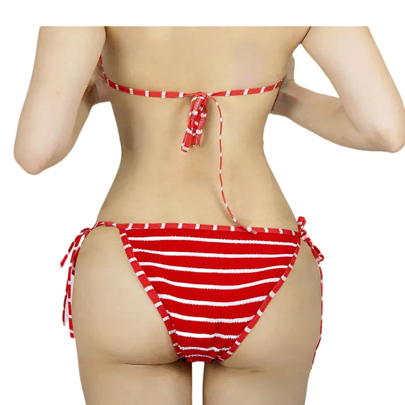 Vintage Vibes: Bordeaux Red Stripe 3-piece Bikini Set - Perfect for Festivals Party, Beach Days,Swimsuit,Swimwear,Triangle Top