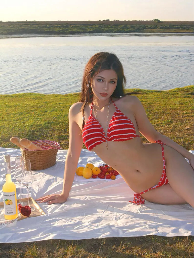 Vintage Vibes: Bordeaux Red Stripe 3-piece Bikini Set - Perfect for Festivals Party, Beach Days,Swimsuit,Swimwear,Triangle Top