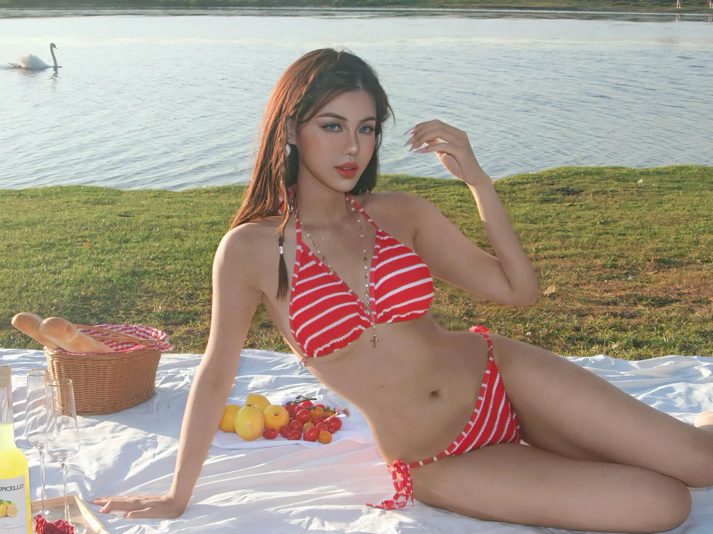 Vintage Vibes: Bordeaux Red Stripe 3-piece Bikini Set - Perfect for Festivals Party, Beach Days,Swimsuit,Swimwear,Triangle Top
